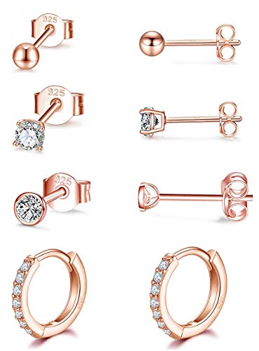 GULICX Ohrstecker Creolen Silber 925 Ohrringe Set, 925 Sterling Silber Ohrstecker & Creolen Ohrringe Set, 4 Paare Rose Gold Klein Schlafen Ohrringe Set für Damen, 3mm Ohrstecker & 12mm Creolen von GULICX