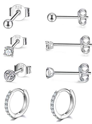 GULICX Ohrstecker Creolen Silber 925 Ohrringe Set, 925 Sterling Silber Ohrstecker & Creolen Ohrringe Set, 4 Paare Silber Klein Schlafen Ohrringe Set für Damen Mädchen, 3mm Ohrstecker & 12mm Creolen von GULICX