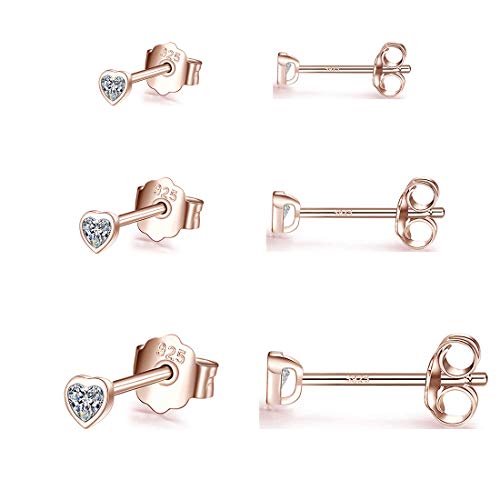 GULICX Ohrstecker Silber 925 Damen Ohrringe, 925 Sterling Silber Herz Ohrstecker Ohrringe Set, 3 Paare Rose Gold Ohrringe Set für Damen Mädchen, Klein Schlafen Knorpel Ohrstecker Ohrringe in 3, 4, 5mm von GULICX