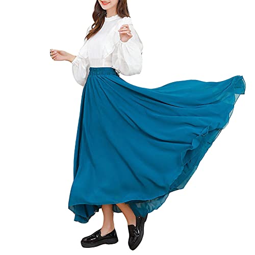 Damen Dreilagig Maxi Large Swing fließender Chiffon-Tanzrock Latein Tänze Walzer Tango Jazz Faltenrock in A-Linie Lässiger Langer Tellerrock Schmaler Strand-Fee-Tanzrock KQBlau3 XL von GUOCU