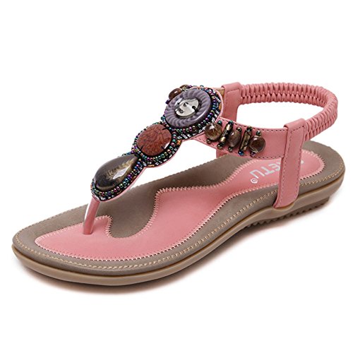 Damen Sommer Bohemia PU Leder Flach Zehentrenner Sandalen mit Gefälschter Edelstein Rosa 40 von GUOCU