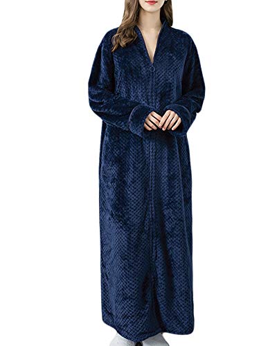 Damen Und Herren Flanell Bademantel Frottee Bademantel V-Ausschnitt Kimono Roben Nachthemd Lange Bademäntel Weich Morgenmäntel Mit Durchgehendem Reißverschluss Weich Und Warm Pyjama,Blau Frauen,L von GUOCU