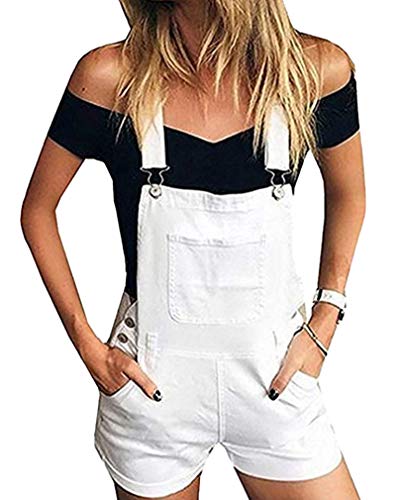 GUOCU Damen Einfarbig Kurze Jeanshose Hot Pants Frauen Denim Latzhose Freizeit Arbeitshosen Overall Jumpsuit 5 Farben Weiß L von GUOCU