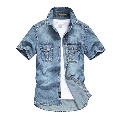 Herren Einfarbig Kurzarm Jeanshemd Turn-Down Kragen Knopf runter Denim Shirt Modern Fit Leichte Sommerhemden Freizeithemd Übergrößen Blau 3XL von GUOCU