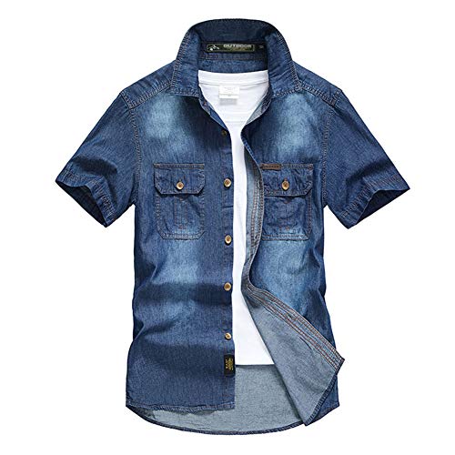 Herren Einfarbig Kurzarm Jeanshemd Turn-Down Kragen Knopf runter Denim Shirt Modern Fit Leichte Sommerhemden Freizeithemd Übergrößen Dunkelblau 3XL von GUOCU