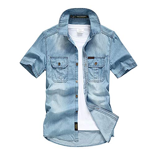 Herren Einfarbig Kurzarm Jeanshemd Turn-Down Kragen Knopf runter Denim Shirt Modern Fit Leichte Sommerhemden Freizeithemd Übergrößen Hellblau 3XL von GUOCU