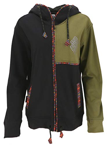 GURU SHOP Goa Hoodie Jacke, Ethno Kapuzen Jacke, Schwarz/Olive, Baumwolle, Size:S von GURU SHOP