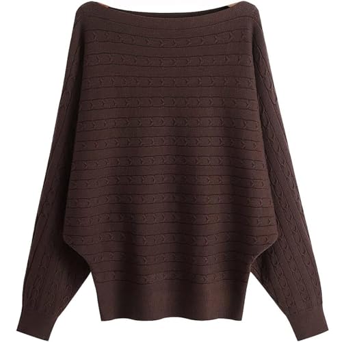 GXIN Damen Pullover Schulternfrei Fledermaus-Ärmel Lose Passform Lässiger Pullover Warmer Oversize-Strickpullover Top (Jacquard-Braun) von GXIN