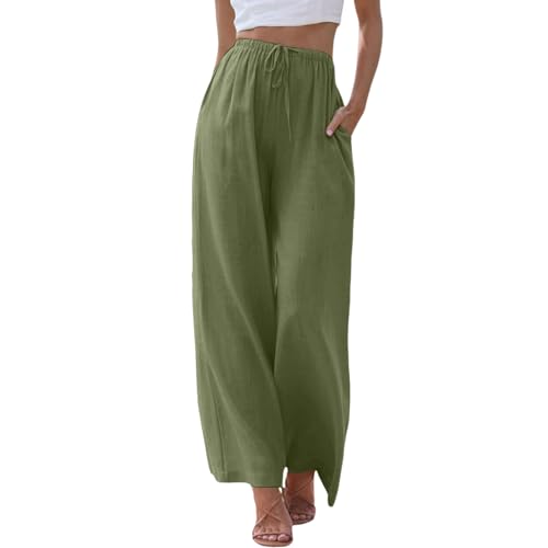 GXYANiaoy Damen Hosen Sommer Leinen Leicht Casual Locker Leinenhose Freizeithose Palazzo Hose Weite Leg Hose Sommerhose Hohe Taille mit Tunnelzug und Taschen Kausale Arbeit Hose von GXYANiaoy