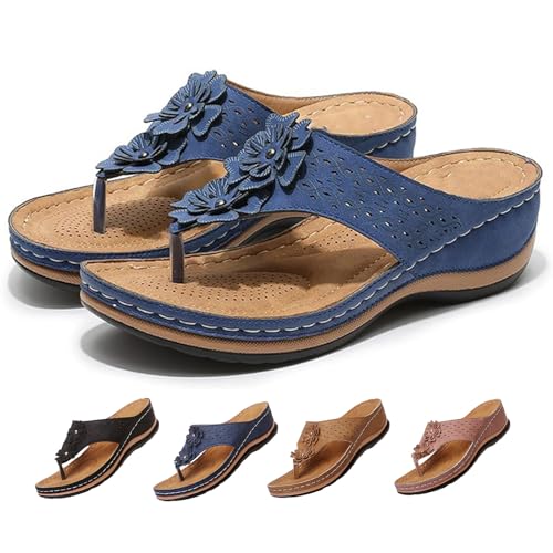 GYCF Damen Sandalen,Orthopädische Sandalen Sommer,Open Toe Strand Latschen,Komfort-Sandalen für Damen Sandalen Fußgewölbestütze Leder Flip Flops,Blau,36EU von GYCF