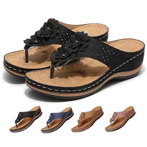 GYCF Damen Sandalen,Orthopädische Sandalen Sommer,Open Toe Strand Latschen,Komfort-Sandalen für Damen Sandalen Fußgewölbestütze Leder Flip Flops,Schwarz,42EU von GYCF