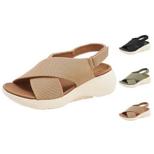 GYCF Modische flache Slip-On Sandalen für den Sommer,Frauen Slide Sandalen,Leichte Damen Sandals Bequeme Flach Elegant Sandaletten Sandalen,Khaki,35EU von GYCF