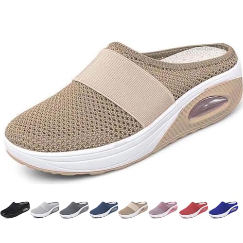 GYCF Orthopädische Slipper,Luftpolster Slip On Wanderschuhe,Sommer Turnschuhe Freizeit Mesh Bequeme Schuhe Damen Sneakers Sandalen Sportschuhe,Khaki,35EU von GYCF