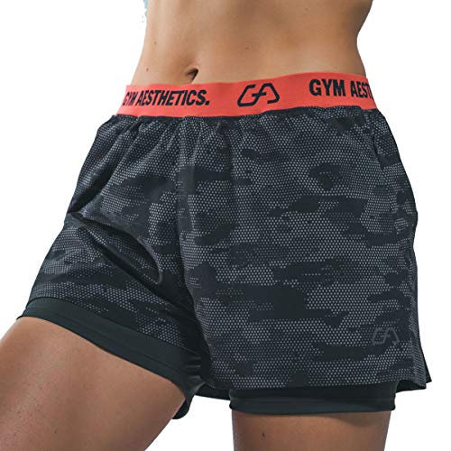 GYM AESTHETICS Frauen 2 in 1 Kurze Laufshorts, Damen Sport Shorts, Outdoor Jogginghose, Leichte schnell trocknende Sporthosen Yoga, Tennis, Fitnessstudio, Training, Fitness Shorts mit Taschen von GYM AESTHETICS