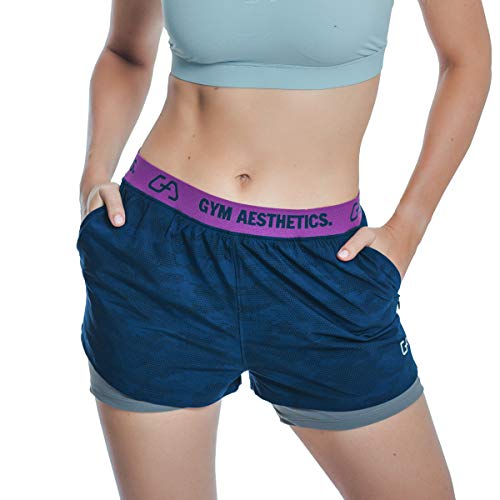 GYM AESTHETICS Frauen 2 in 1 Kurze Laufshorts, Damen Sport Shorts, Outdoor Jogginghose, Leichte schnell trocknende Sporthosen Yoga, Tennis, Fitnessstudio, Training, Fitness Shorts mit Taschen von GYM AESTHETICS