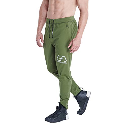 GYM AESTHETICS Herren Jogginghose Sporthose Trainingshose Gerade mit Reißverschluss Taschen einstellbarem Kordelzug, Für Training und andere Sport in Olive von GYM AESTHETICS