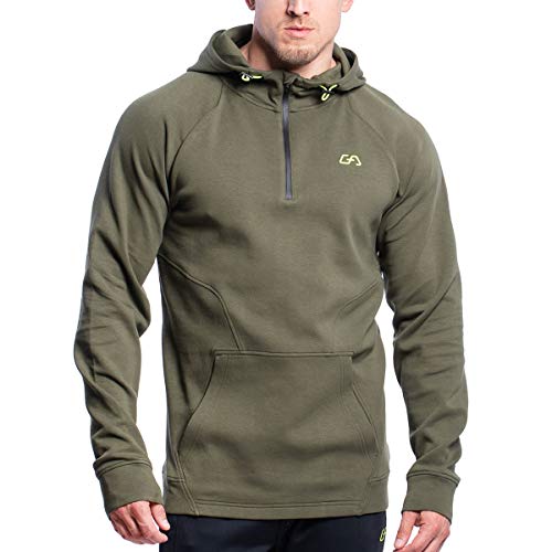 GYM AESTHETICS | Herren Performance Kapuzenpullover Hoodie Atmungsaktiv Muskelbetontes Kapuzenjacke mit Kangeroo Taschen, Fitness und andere Sport in Olive (S) von GYM AESTHETICS