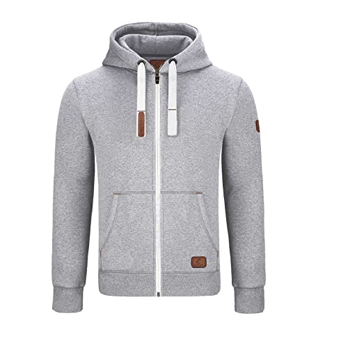 GYMAMBA Warme Sweatjacke Herren mit Lederpatches, Kapuze und durchgängigem Reißverschluss hellgrau/weiß von GYMAMBA