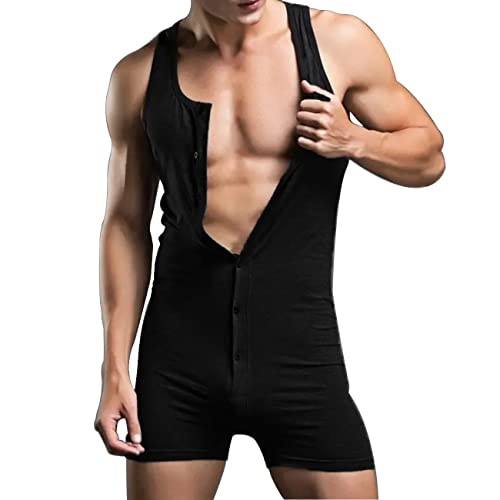 GYMAPE Herren Ärmelloser Strampler Henley Jumpsuit-Pyjama Dehnbar Baumwolle EIN Stück Kleidungsstück Schwarz XL von GYMAPE