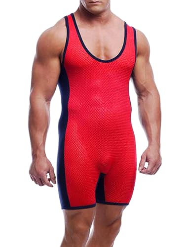 GYMAPE Herren EIN Stück Ringen Singlets Singlet Basic Layer Angeln Atmungsaktive Wrestling Uniform Pyjama für Unterwäsche Rot-Schwarz L von GYMAPE