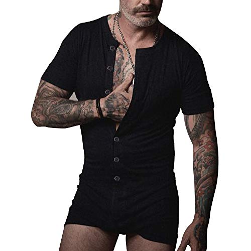 GYMAPE Herren Kurzarm Stranpler Pyjama Henley Overall Stretchy Baumwolle Ramper mit Knöpfen Schwarz M von GYMAPE