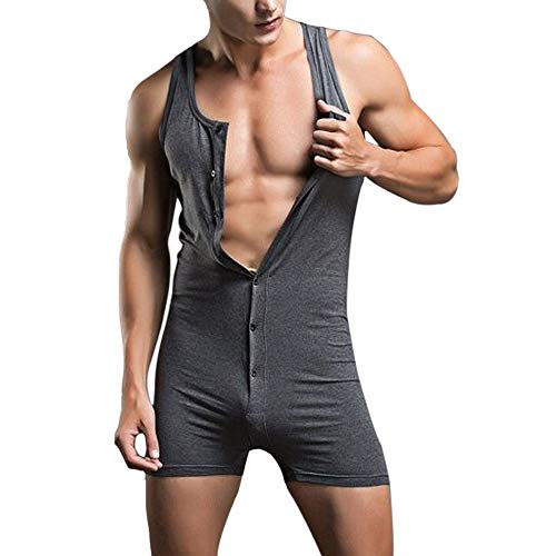 GYMAPE Herren Ärmelloser Strampler Henley Jumpsuit-Pyjama Dehnbar Baumwolle EIN Stück Kleidungsstück Dunkelgrau XL von GYMAPE