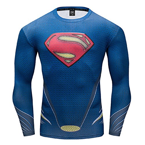 GYMGALA Superman Herren Kompressionsshirt mit Langen Ärmeln - Blau - 4X-Groß von GYM GALA