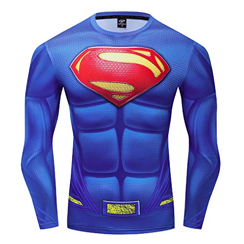 GYMGALA Superman Shirt Langarm Casual & Sport HD 3D Printed Compression Shirt - Blau - Groß von GYM GALA