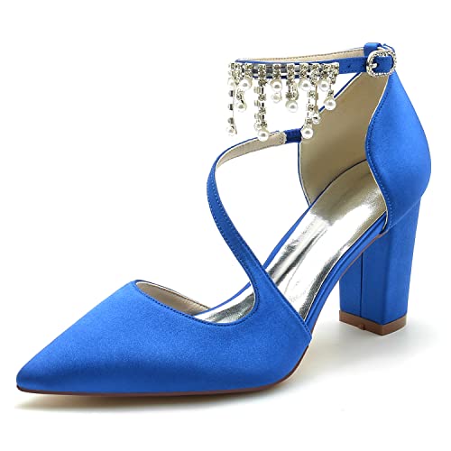 GYYZAYH Damen Chunky Heel Satin Brautschuhe Geschlossen Spitz Spitze Brautkleid Pumps Knöchelriemen Prom Abend Party Schuhe,Blau,36 EU von GYYZAYH