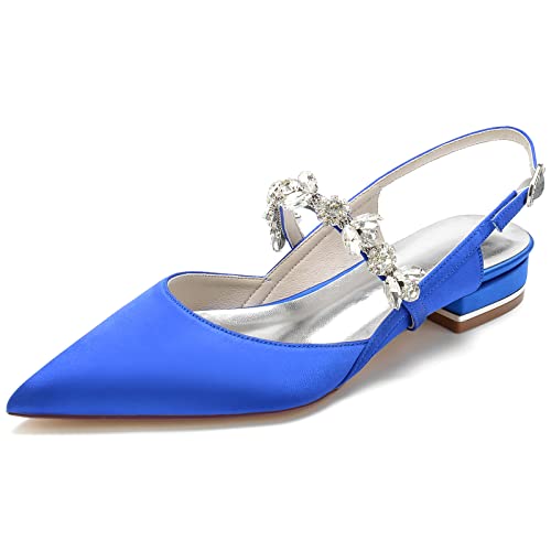 GYYZAYH Damen Geschlossene Zehen Satin Hochzeitsschuhe Für Braut Slingback Ballerinas Schuhe Abend Formelle Pumps Schuhe,Blau,41 EU von GYYZAYH