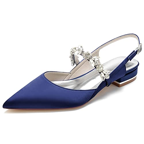 GYYZAYH Damen Geschlossene Zehen Satin Hochzeitsschuhe Für Braut Slingback Ballerinas Schuhe Abend Formelle Pumps Schuhe,Marine,43 EU von GYYZAYH