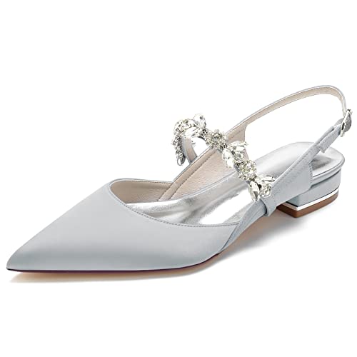 GYYZAYH Damen Geschlossene Zehen Satin Hochzeitsschuhe Für Braut Slingback Ballerinas Schuhe Abend Formelle Pumps Schuhe,Silber,38 EU von GYYZAYH