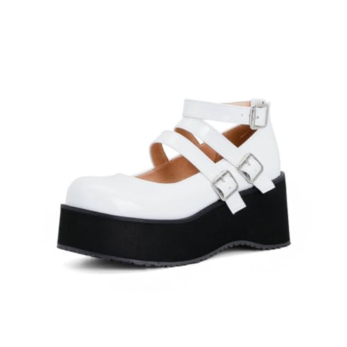 GYYZAYH Damen Runde Zehe Plateau Lolita Schuhe Lackleder Runde Zehe Mary Jane Schuhe Süße Cosplay Keilstiefel,Weiß,37 EU GYYZAYH Damen Runde Zehe Plateau Lolita Schuhe Lackleder Runde Zehe Mary Jane Schuhe Süße Cosplay Keilstiefel,Weiß,37 EU von GYYZAYH