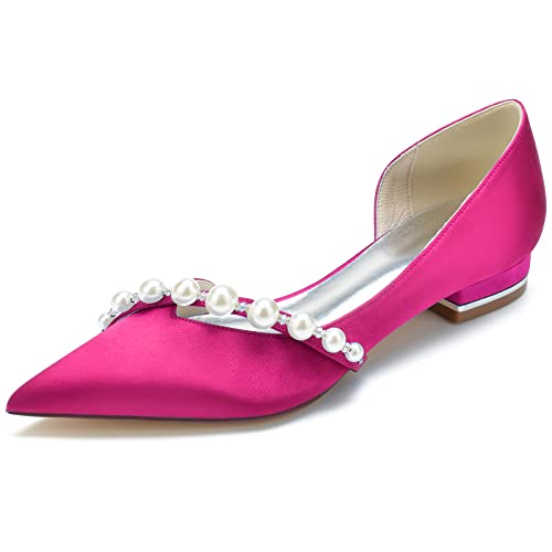 GYYZAYH Damen Satin Brautkleid Flache Schuhe Slip-On Ballerinas Abend Party Kleid Pumps,Fuchsia,38 EU von GYYZAYH