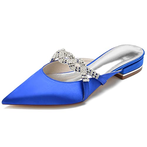 GYYZAYH Damen Satin Hochzeit Ballerinas für Braut Geschlossene Zehen Ballerinas Schuhe Abendkleid Pantoletten Schuhe mit Strass,Blau,38 EU von GYYZAYH