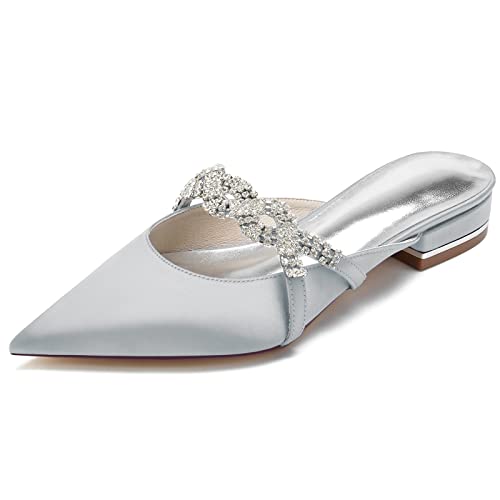 GYYZAYH Damen Satin Hochzeit Ballerinas für Braut Geschlossene Zehen Ballerinas Schuhe Abendkleid Pantoletten Schuhe mit Strass,Silber,41 EU von GYYZAYH