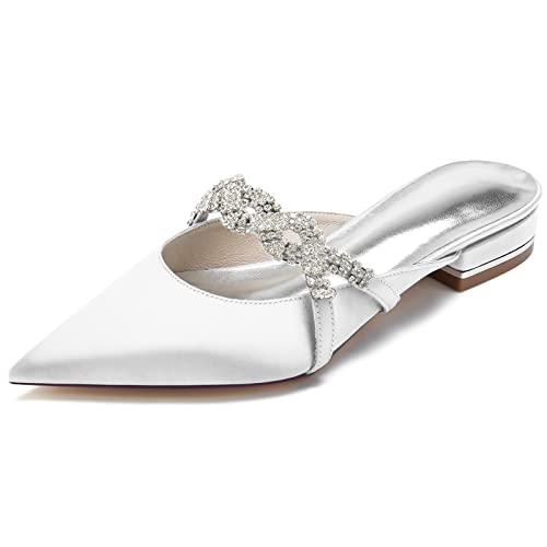 GYYZAYH Damen Satin Hochzeit Ballerinas für Braut Geschlossene Zehen Ballerinas Schuhe Abendkleid Pantoletten Schuhe mit Strass,Weiß,37 EU von GYYZAYH