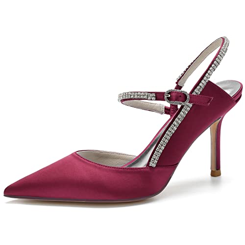 GYYZAYH Damen Satin Knöchelriemen Hofschuhe Geschlossene Spitze Brautschuhe Sexy Stiletto Pumps,Burgundy,41 EU von GYYZAYH