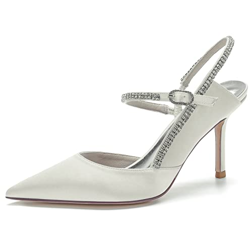 GYYZAYH Damen Satin Knöchelriemen Hofschuhe Geschlossene Spitze Brautschuhe Sexy Stiletto Pumps,Elfenbein,40 EU von GYYZAYH