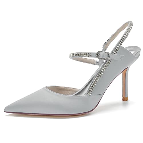 GYYZAYH Damen Satin Knöchelriemen Hofschuhe Geschlossene Spitze Brautschuhe Sexy Stiletto Pumps,Silber,43 EU von GYYZAYH