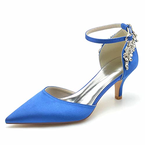 GYYZAYH Damen Satin Mid Kitten Heel Hochzeit Schuhe Knöchelriemen Spitz Toe Court Schuhe Abend Prom Party Kleid Pumps mit Strass,Blau,40 EU von GYYZAYH