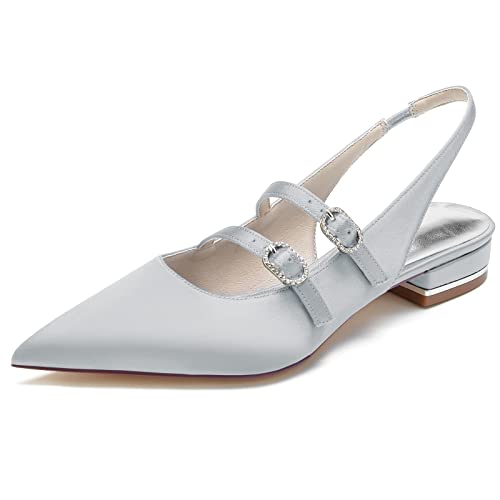 GYYZAYH Damen Satin Slip-On Braut Flache Schuhe Slingback Hochzeitsschuhe Spitze Zehe Party Abend Abschlussball Kleid Schuhe,Silber,41 EU von GYYZAYH