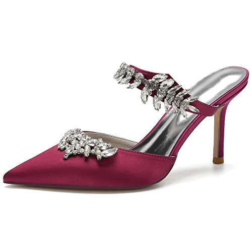 GYYZAYH Damen Satin Spitz Nahzehe Mid High Heels, Strass Sommer Brautschuhe Slip-On Rückenfreie Hausschuhe Hochzeit Sandalen,Burgundy,38 EU von GYYZAYH