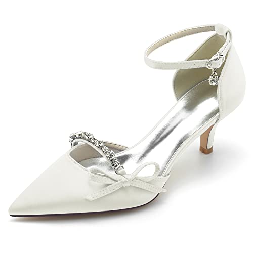 GYYZAYH Damen Satin Spitz Toe Court Schuhe Low Kitten Heel Kleid Pumps Knöchelriemen Hochzeit Schuhe für Braut mit Strass,Elfenbein,36 EU von GYYZAYH