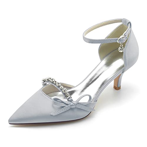 GYYZAYH Damen Satin Spitz Toe Court Schuhe Low Kitten Heel Kleid Pumps Knöchelriemen Hochzeit Schuhe für Braut mit Strass,Silber,37 EU von GYYZAYH