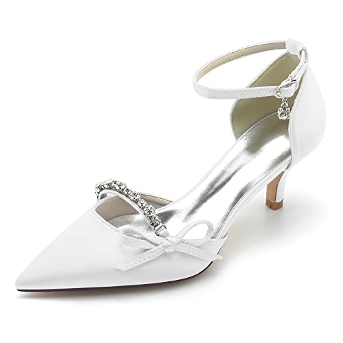 GYYZAYH Damen Satin Spitz Toe Court Schuhe Low Kitten Heel Kleid Pumps Knöchelriemen Hochzeit Schuhe für Braut mit Strass,Weiß,37 EU von GYYZAYH