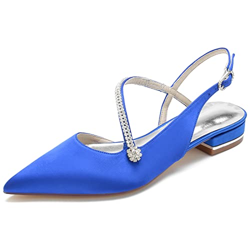 GYYZAYH Damen Slingback Ballerinas Schuhe Spitze Zehen Satin Hochzeitsschuhe für Braut Verstellbarer Riemen für Abendpumps,Blau,38 EU von GYYZAYH