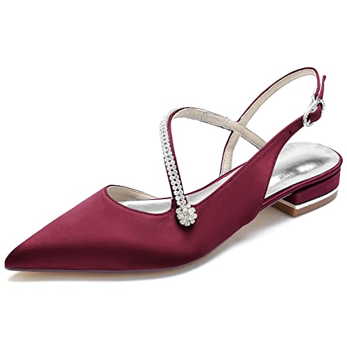 GYYZAYH Damen Slingback Ballerinas Schuhe Spitze Zehen Satin Hochzeitsschuhe für Braut Verstellbarer Riemen für Abendpumps,Burgundy,38 EU von GYYZAYH