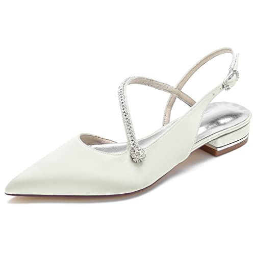 GYYZAYH Damen Slingback Ballerinas Schuhe Spitze Zehen Satin Hochzeitsschuhe für Braut Verstellbarer Riemen für Abendpumps,Elfenbein,38 EU von GYYZAYH