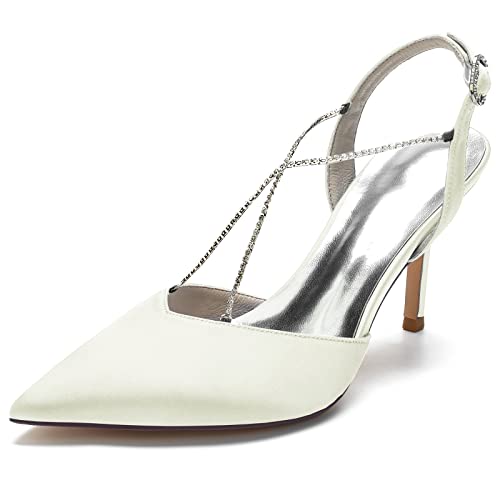 GYYZAYH Damen Slip-on Hochzeit Braut High Heels Spitz Closed Toe Court Schuhe Slingback Satin Party Abend Prom Schuhe,Elfenbein,35 EU von GYYZAYH